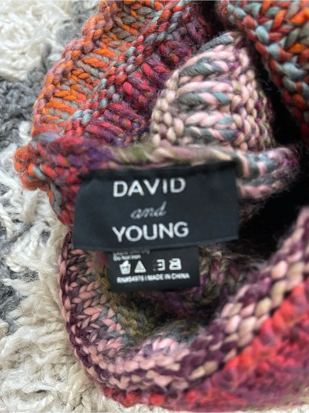 David and Young Multicolor Knit Pom Beanie in Burgundy, Purple, Green and Orange